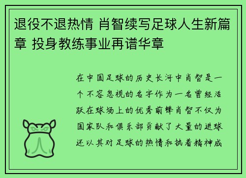 退役不退热情 肖智续写足球人生新篇章 投身教练事业再谱华章