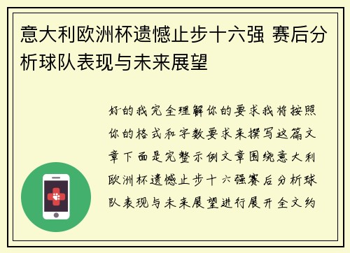 意大利欧洲杯遗憾止步十六强 赛后分析球队表现与未来展望